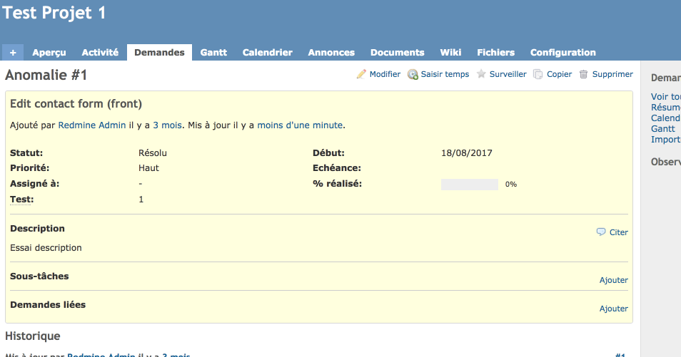 Gif that represents dynamic edition of field from the detailled issue's view
